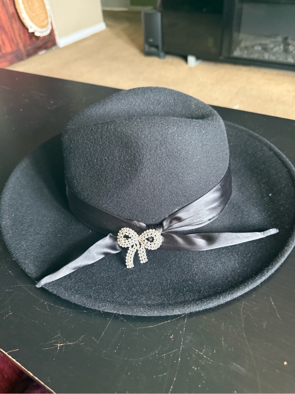Black Wool Felt Wide-Brim Hat with Satin Ribbon and Bow Accent